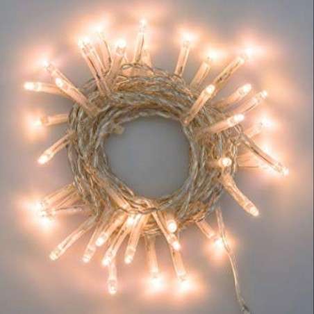 Tira de 100 LED cálidos, conectables, 6,5 metros de luz fija con cable transparente.