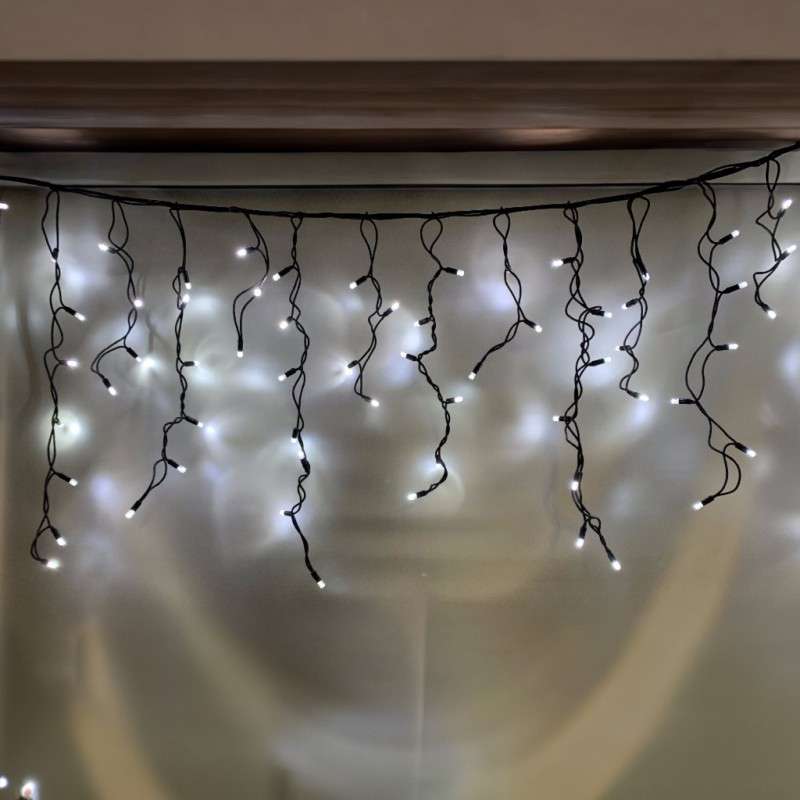 Cortina 100 LEDs frios IP44, conectáveis, cabo preto 200x70