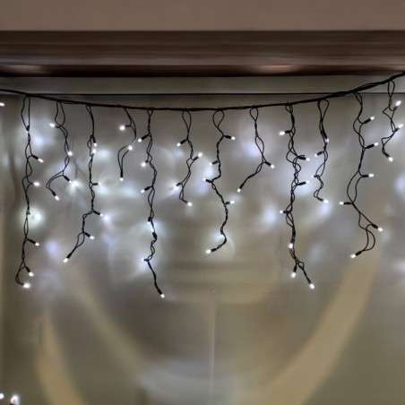 Cortina 100 LEDs frios IP44, conectáveis, cabo preto 200x70