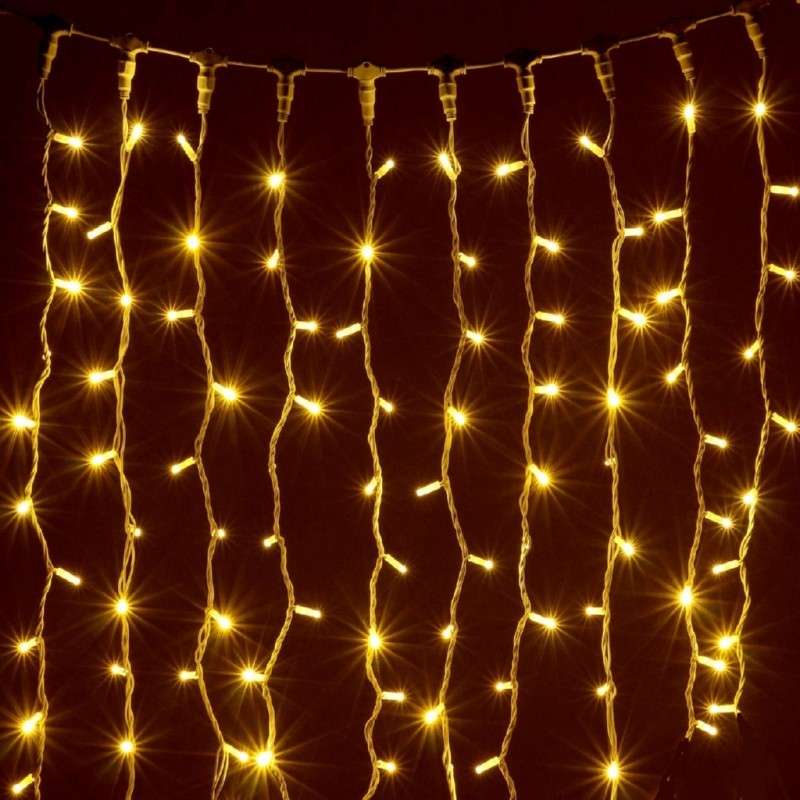 Cortina com 100 LEDs dourados, ligáveis por cabo dourado, 200x100.