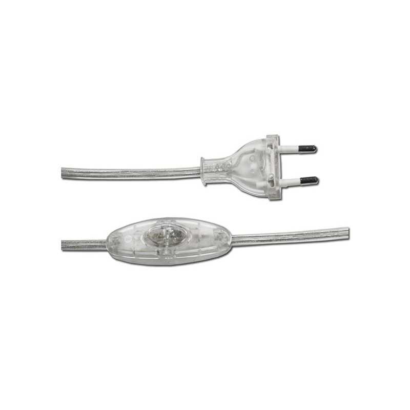 Conexão plástica transparente de 150cm com interruptor e ficha.