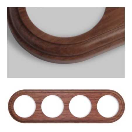 Moldura para quatro mecanismos redonda de madeira escura.
