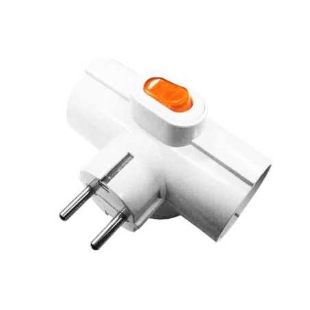 Tomada tripla com interruptor e perna grossa.