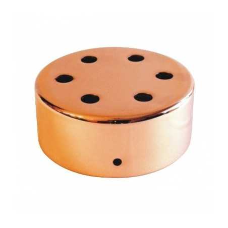 Suporte metálico em cobre brilhante com 100mm de diâmetro e seis saídas.