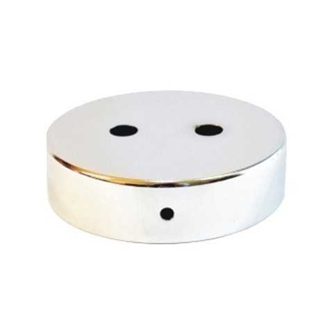 Suporte metálico cromado brilhante de 90mm de diâmetro e duas saídas.