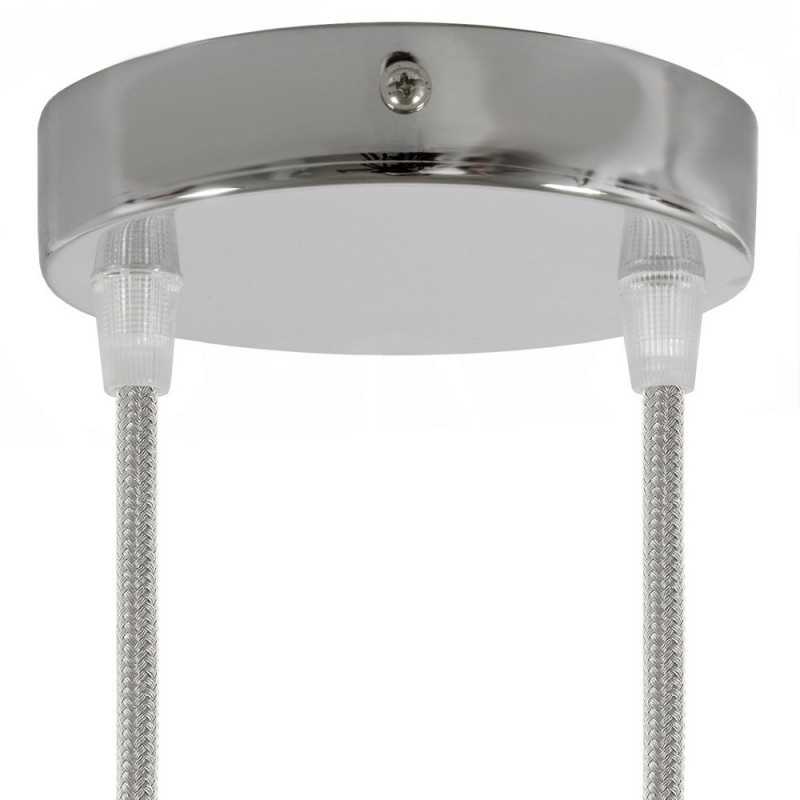 Suporte metálico cromado com 120mm de diâmetro e duas saídas.