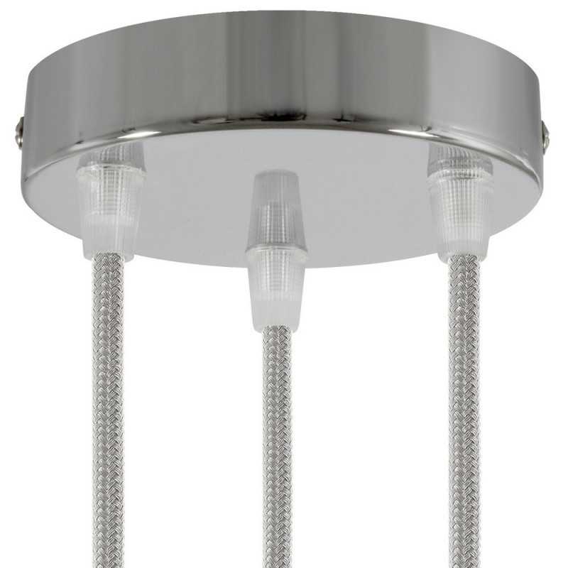 Suporte metálico cromado com 120mm de diâmetro e três saídas.