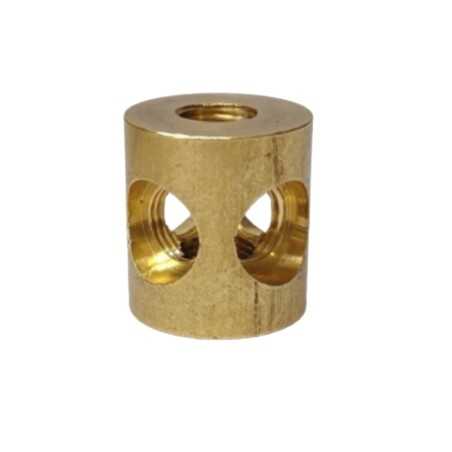 Distribuidor de latão com 6 saídas, 24mm de altura x 22mm de diâmetro.