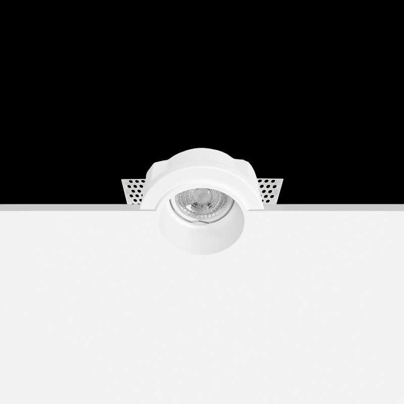 Foco de gesso GU10 com 54 mm de diâmetro e 95 mm de altura.