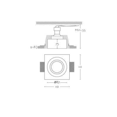 Foco de gesso GU10 com 87 mm de diâmetro e altura de 135 mm.