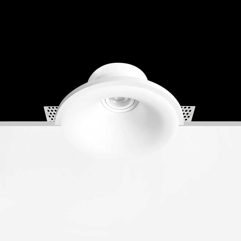 Foco de gesso GU10 com diâmetro de 202 mm e altura de 150 mm.