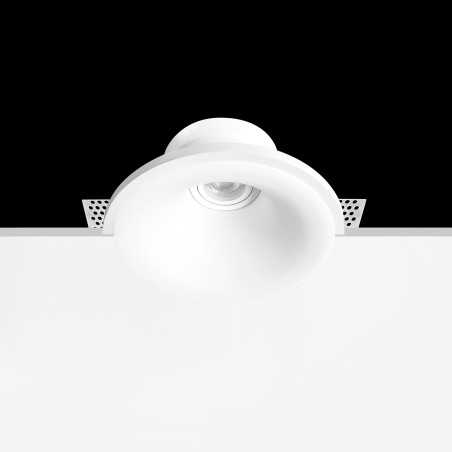 Foco de gesso GU10 com diâmetro de 202 mm e altura de 150 mm.