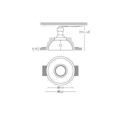 Foco de gesso GU10 com 110 mm de diâmetro e 118 mm de altura.