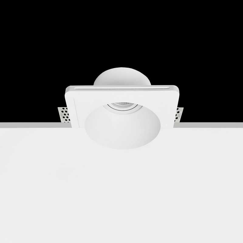 Foco de gesso GU10 com 73 mm de diâmetro e 123 mm de altura.