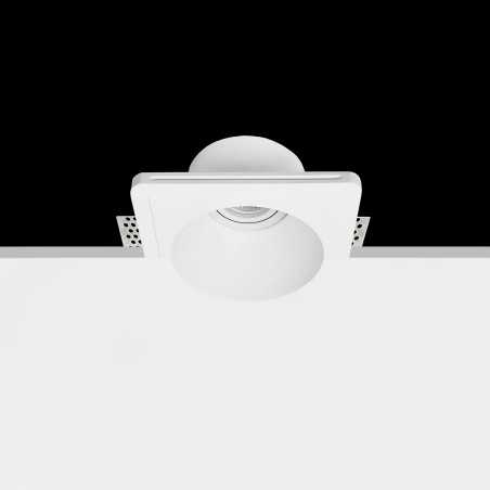 Foco de gesso GU10 com 73 mm de diâmetro e 123 mm de altura.