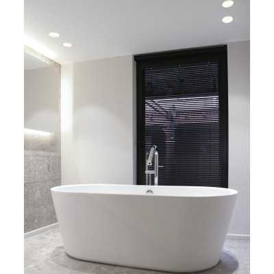 Foco de gesso GU10 com 73 mm de diâmetro e 123 mm de altura.