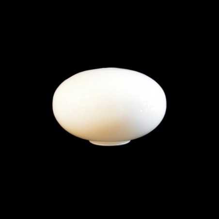 Bola de cristal achatada, branca e brilhante, sem pescoço.