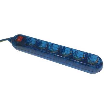 Tomada múltipla de corrente com 6 tomadas, cor azul e interruptor.